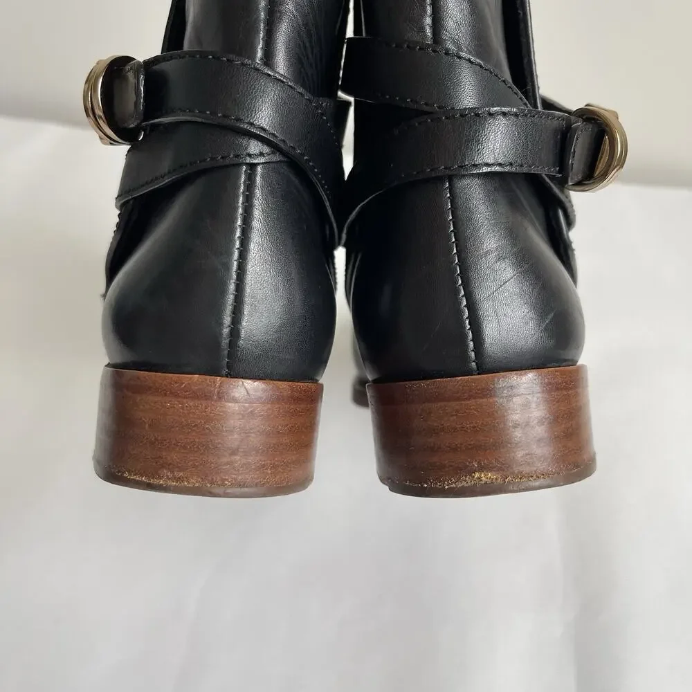 Tory Burch Black‎ Leather Harness Buckle Ankle Boots Size 8M Comfy Booties 5214
